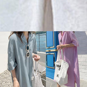 Loose blue cotton linen Robes v neck side open long Dresses - SooLinen