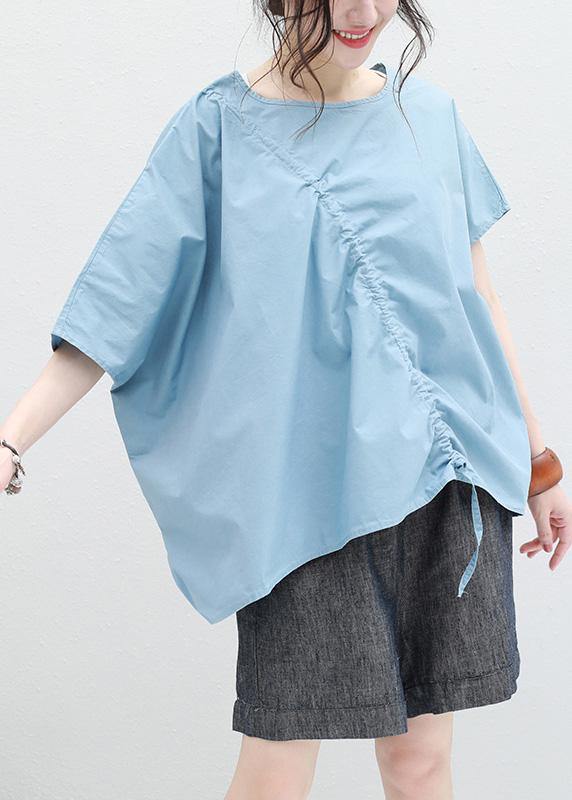 Loose blue drawstring cotton tunic top o neck Art summer shirt - SooLinen