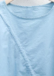 Loose blue drawstring cotton tunic top o neck Art summer shirt - SooLinen