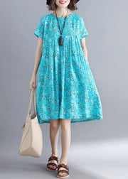 Loose blue floral dresses o neck Cinched loose summer Dresses - SooLinen