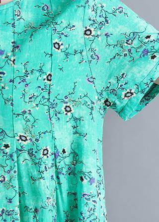 Loose blue floral dresses o neck Cinched loose summer Dresses - SooLinen