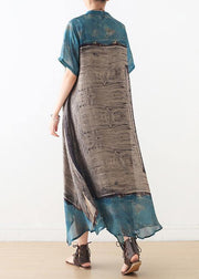 Loose blue gray print chiffon Wardrobes Korea Work o neck asymmetric A Line summer Dress - SooLinen