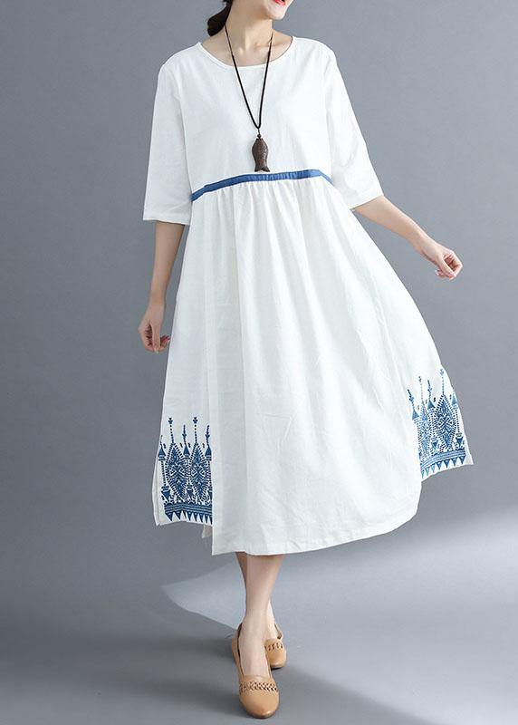 Loose blue linen clothes For Women embroidery Plus Size Clothing summer dress - SooLinen