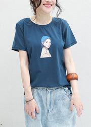 Loose blue o neck cotton clothes For Women Neckline Cartoon print blouses summer - SooLinen