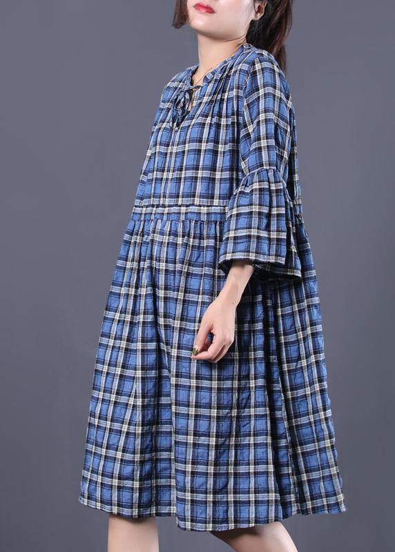 Loose blue plaid cotton tunic dress v neck A Line summer Dress - SooLinen