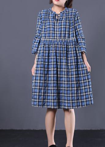 Loose blue plaid cotton tunic dress v neck A Line summer Dress - SooLinen
