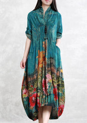 Loose blue print clothes For Women Cinched asymmetric Dresses - SooLinen