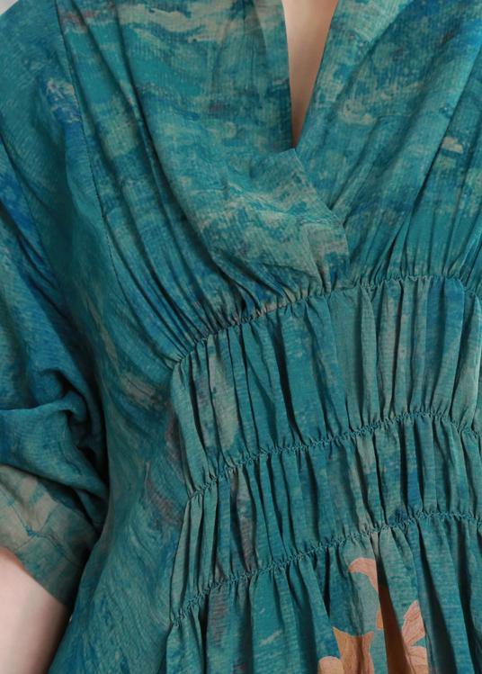 Loose blue print clothes For Women Cinched asymmetric Dresses - SooLinen