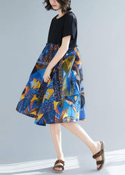Loose blue prints cotton linen plus size dresses patchwork oversized summer Dress - SooLinen