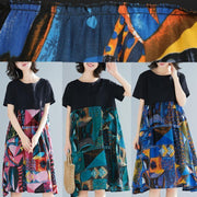Loose blue prints cotton linen plus size dresses patchwork oversized summer Dress - SooLinen