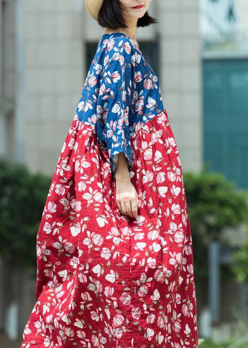 Loose blue red print cotton tunic pattern v neck asymmetric Maxi summer Dresses - SooLinen