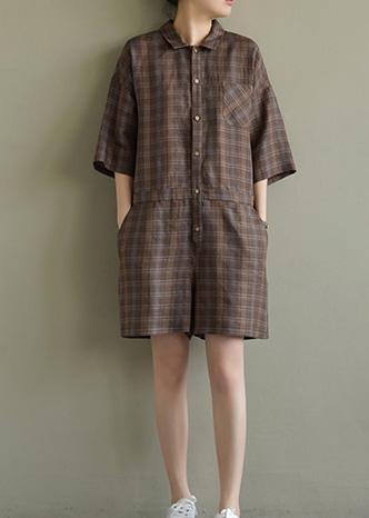 Loose brown Plaid linen lapel jumpsuit pants short summer - SooLinen