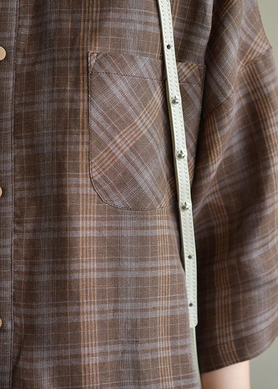 Loose brown Plaid linen lapel jumpsuit pants short summer - SooLinen