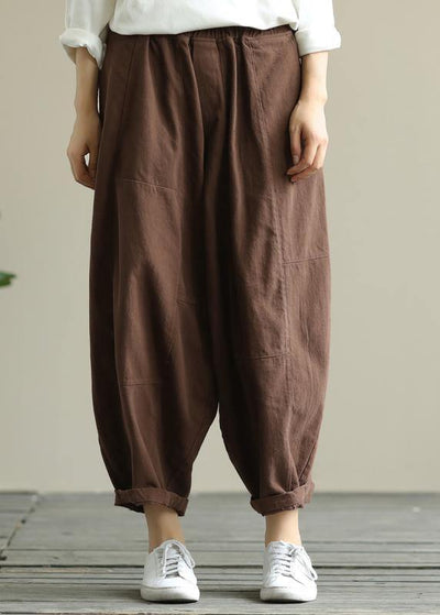 Loose brown plus size elastic waist harem pants - SooLinen