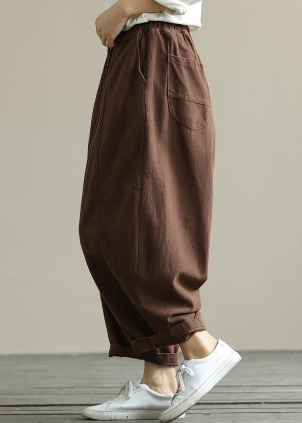Loose brown plus size elastic waist harem pants - SooLinen