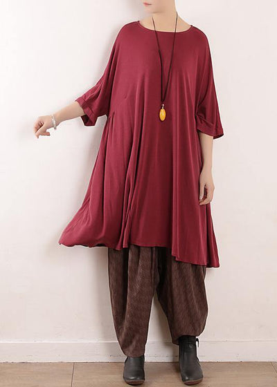 Loose burgundy Silk quilting dresses o neck Art summer Dress - SooLinen