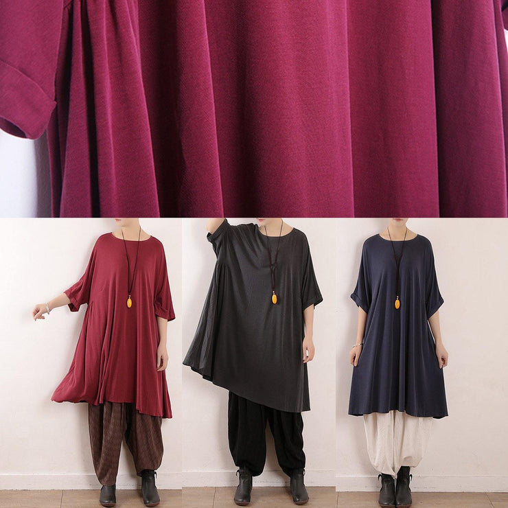 Loose burgundy Silk quilting dresses o neck Art summer Dress - SooLinen