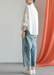 Loose casual old worn white irregular stitching wild wide leg jeans autumn new - SooLinen