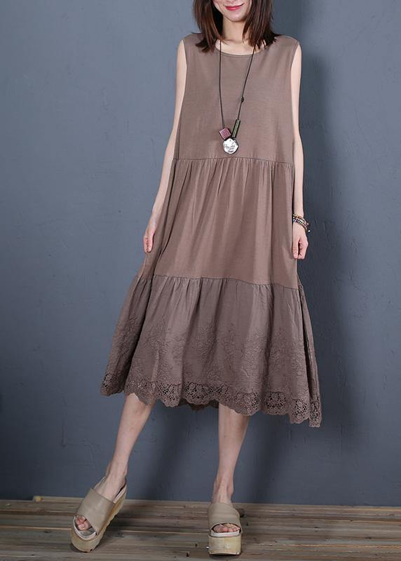 Loose chocolate cotton outfit o neck sleeveless Robe Dresses - SooLinen