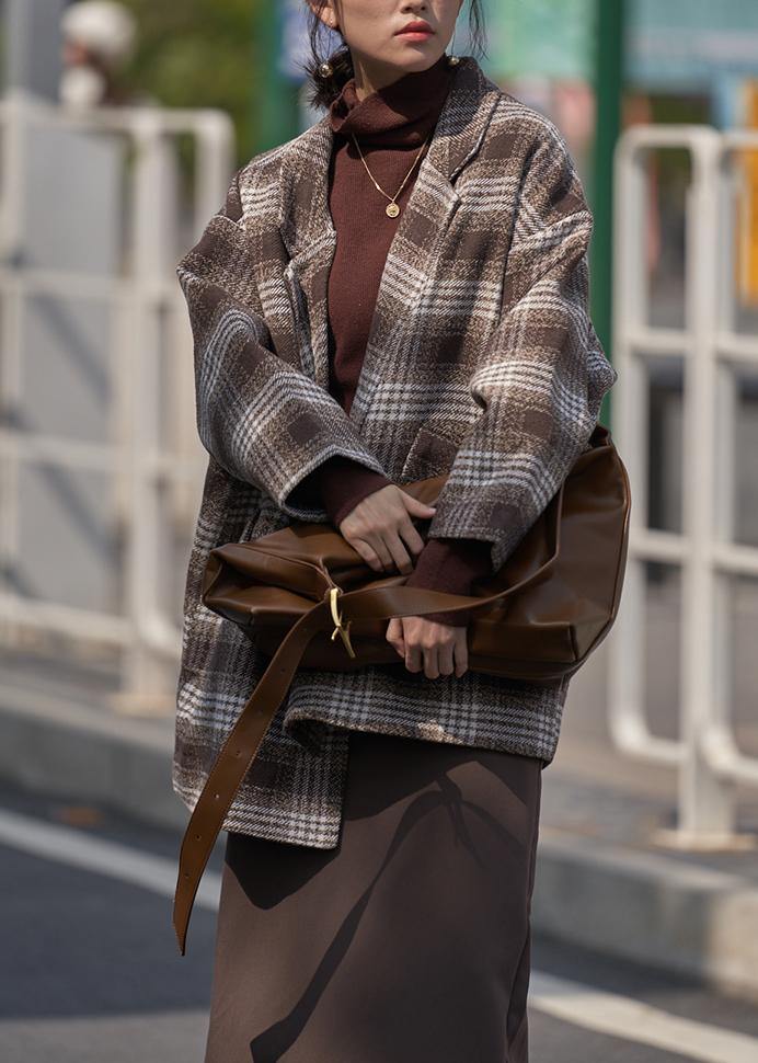 Loose chocolate plaid Fine trench coat Wardrobes Notched double breast wool jackets - SooLinen