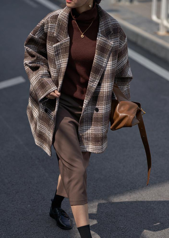 Loose chocolate plaid Fine trench coat Wardrobes Notched double breast wool jackets - SooLinen