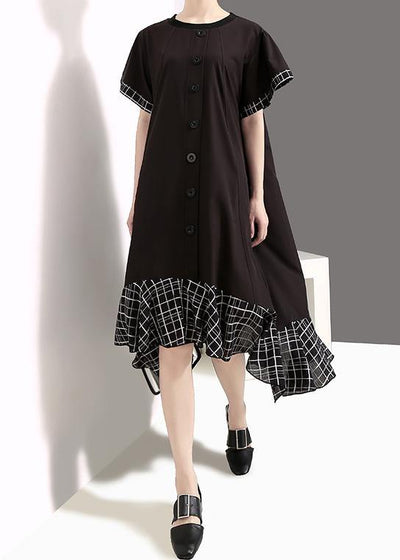 Loose cotton quilting clothes plus size Plaid Splided Loose Flare Sleeve Dress - SooLinen