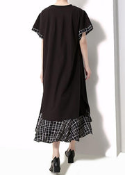 Loose cotton quilting clothes plus size Plaid Splided Loose Flare Sleeve Dress - SooLinen