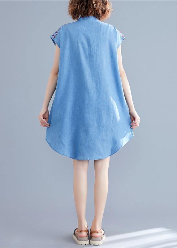 Loose denim blue Cotton dresses stand collar embroidery tunic summer Dresses - SooLinen