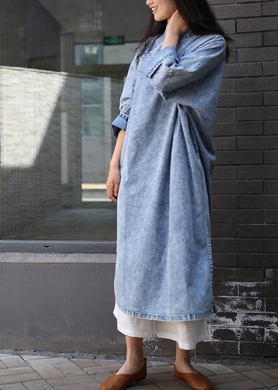 Loose denim blue Tunics stand collar side open Plus Size Dresses - SooLinen
