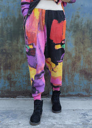 Loose elastic waist pants plus size purple red prints Work knit pant - SooLinen