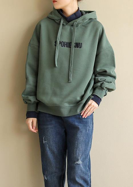Loose embroidery cotton hooded shirts women Tunic Tops green blouse - SooLinen
