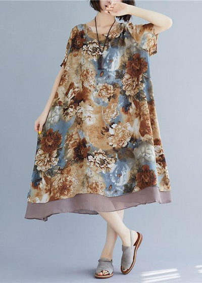 Loose floral clothes o neck short sleeve loose Dress - SooLinen