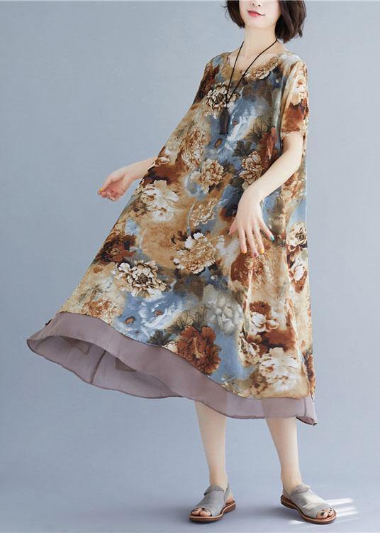 Loose floral clothes o neck short sleeve loose Dress - SooLinen