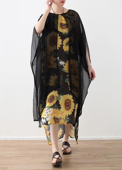 Loose floral cotton dresses false two pieces long summer Dresses - SooLinen