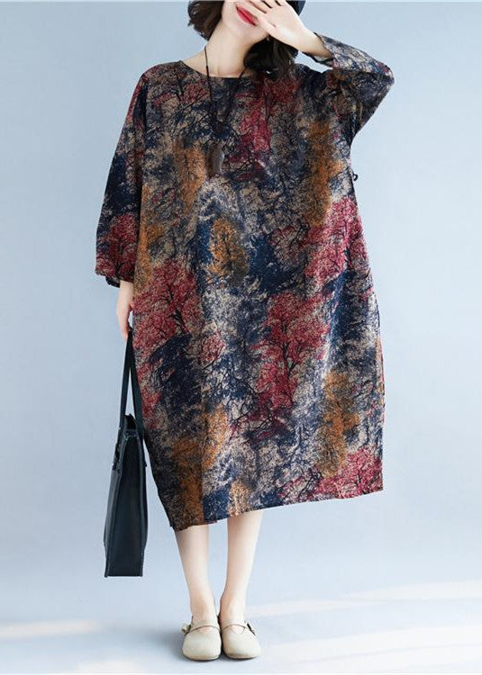 Lockeres langes Kleid aus Baumwollleinen mit Blumenmuster in Übergröße mit Taschen für lange Kleider