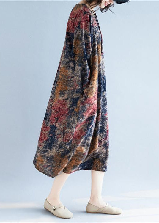 Lockeres langes Kleid aus Baumwollleinen mit Blumenmuster in Übergröße mit Taschen für lange Kleider