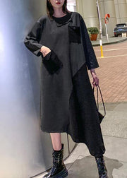 Loose gray cotton dresses patchwork Maxi winter Dress - SooLinen