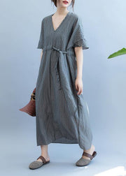 Loose gray plaid clothes Women v neck drawstring Art summer Dress - SooLinen