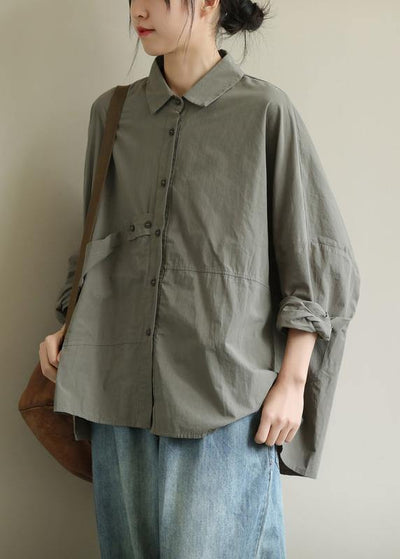 Loose gray top silhouette lapel patchwork loose blouses - SooLinen