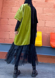 Loose green clothes o neck patchwork tulle robes spring Dresses - SooLinen
