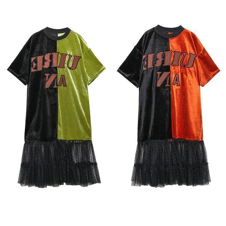 Loose green clothes o neck patchwork tulle robes spring Dresses - SooLinen