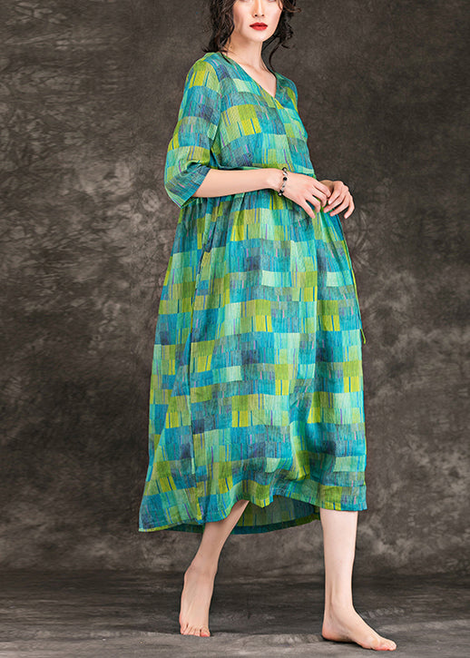 Lose grüne Leinenkleidung Vintage Fabrics V-Ausschnitt Krawatte Taille Leinen Roben Sommerkleid
