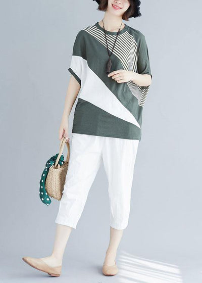 Loose green patchwork cotton tunic top o neck Art summer  blouses - SooLinen
