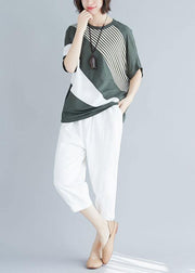 Loose green patchwork cotton tunic top o neck Art summer  blouses - SooLinen