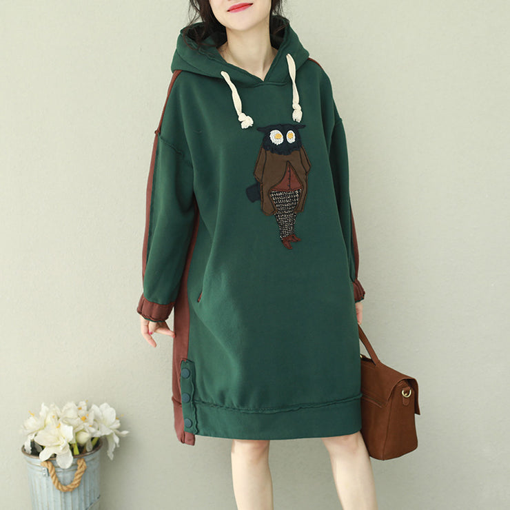 Loose green patchwork red Cotton Tunics Organic Runway hooded loose Dress