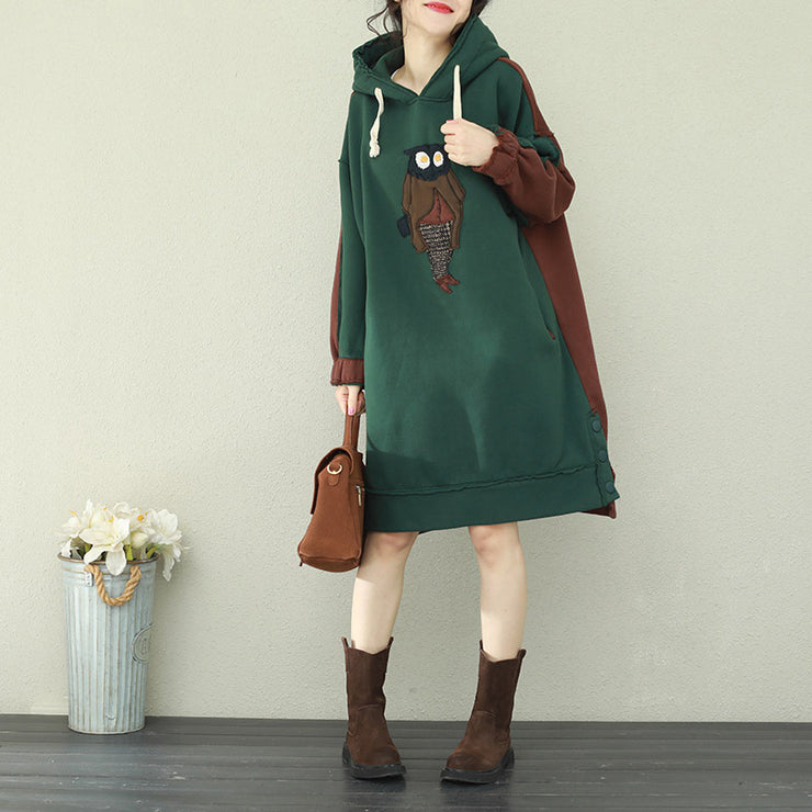 Loose green patchwork red Cotton Tunics Organic Runway hooded loose Dress