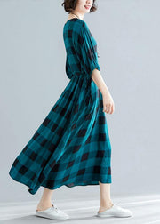 Loose green plaid cotton dress half sleeve Dresses summer Dresses - SooLinen