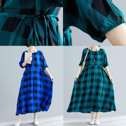 Loose green plaid cotton dress half sleeve Dresses summer Dresses - SooLinen