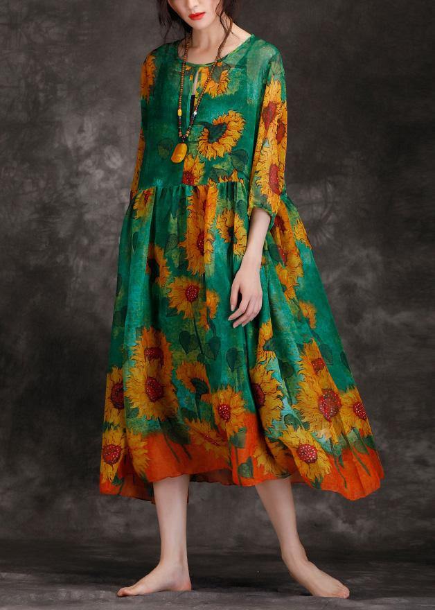 Loose green print clothes For Women o neck Cinched Maxi summer Dresses - SooLinen