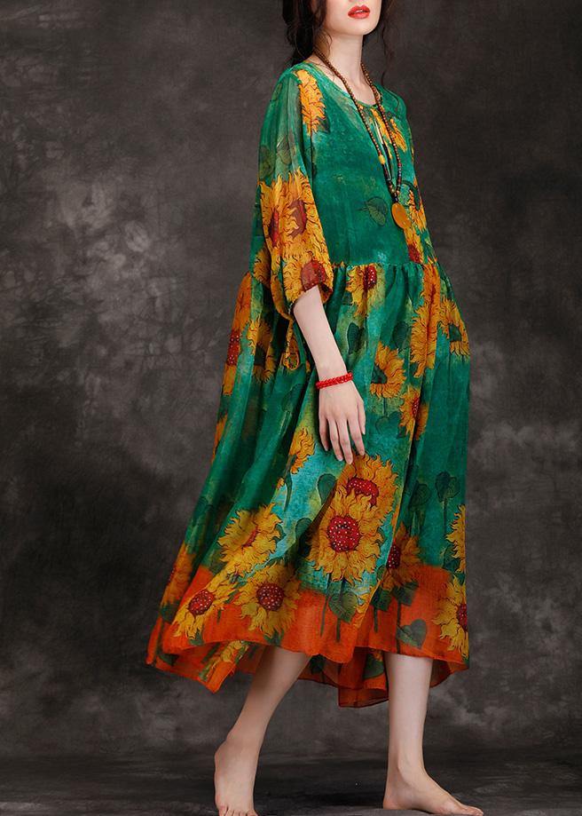 Loose green print clothes For Women o neck Cinched Maxi summer Dresses - SooLinen